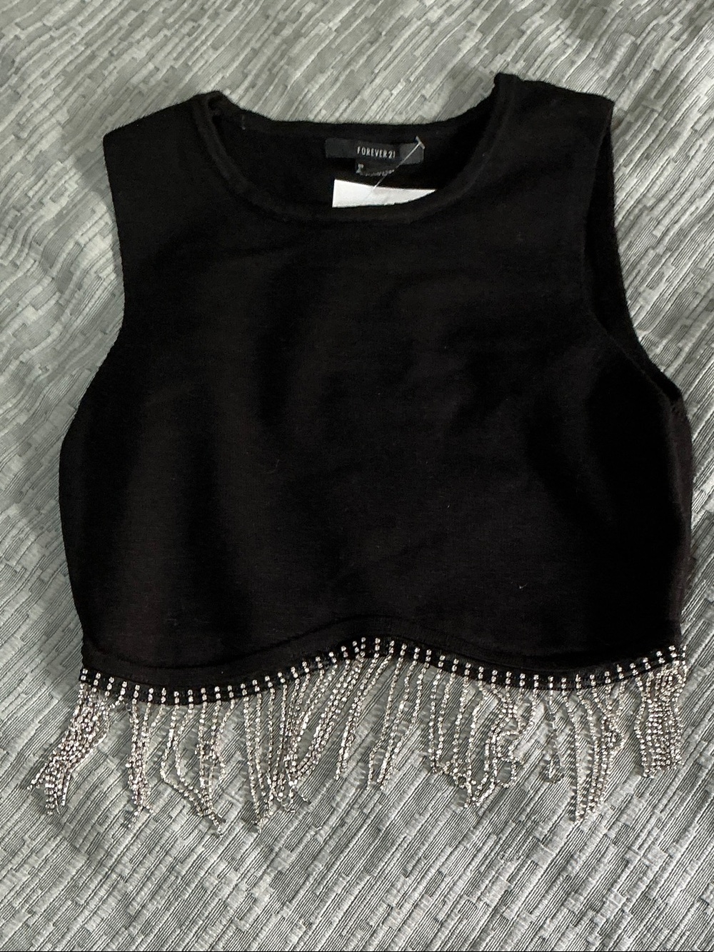 Forever 21 Black Crop Tank with Silver Beaded Fringe